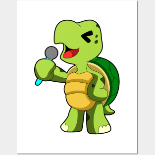 Turtle at Singing with Microphone Posters and Art